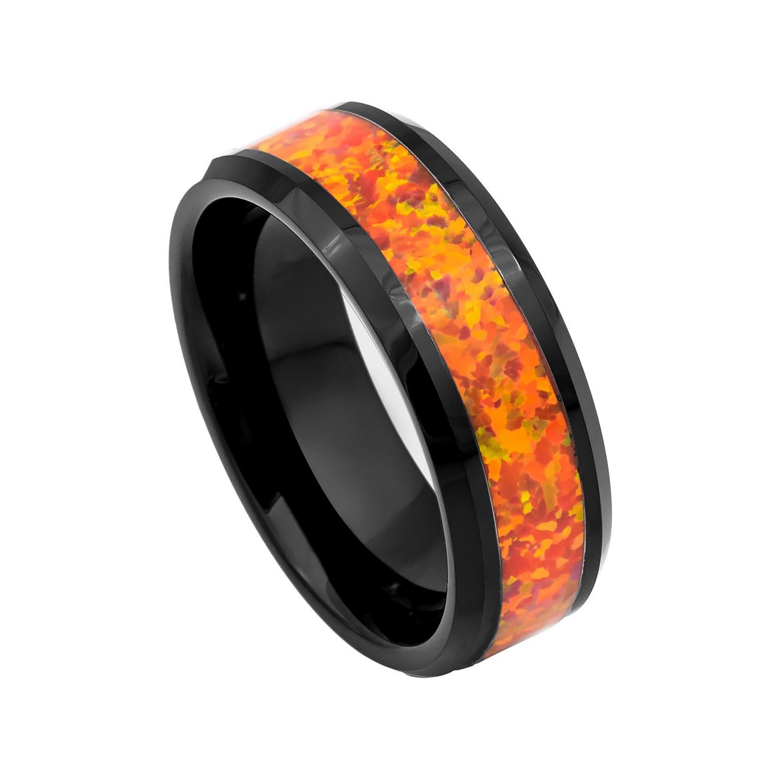 Black Tungsten Ring Orange Opal Inlay